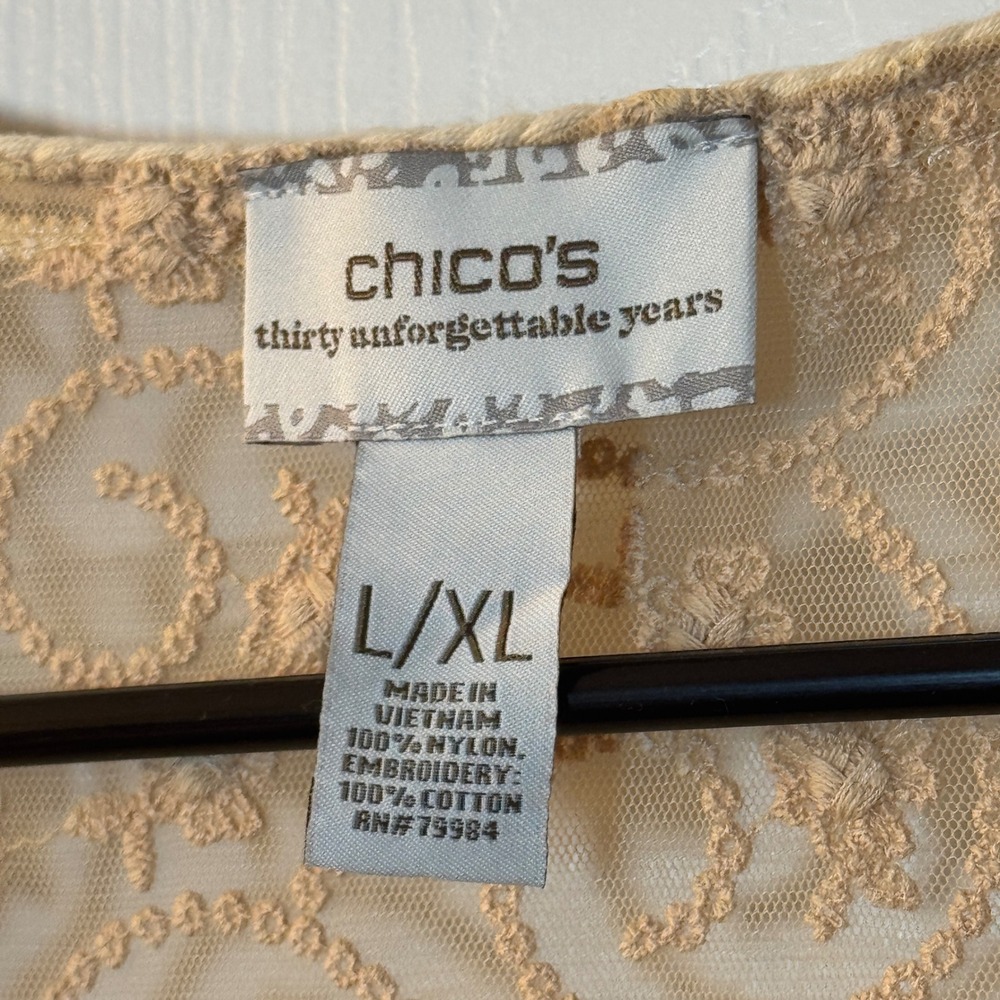 Chico's Women's Sleeveless Beige Open Vest Lace And Embroidered Very Sheer L/ XL - Picture 3 of 4